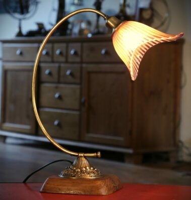 Lampe Art Nouveau laiton, bronze et tulipe fleur