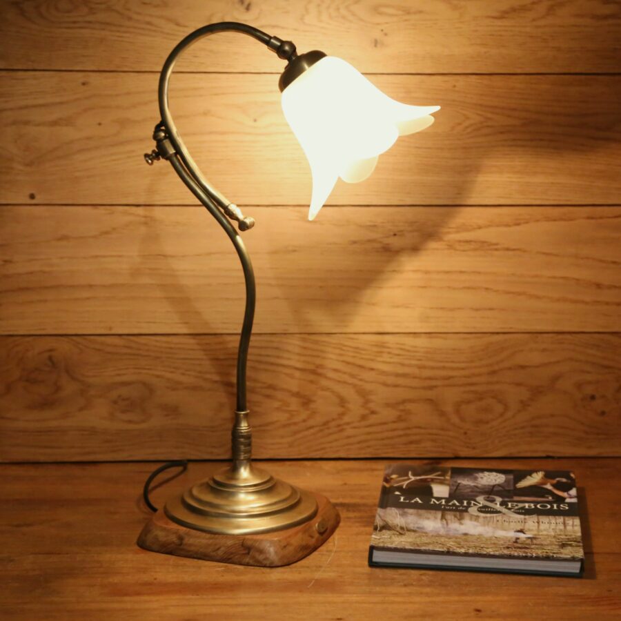 Lampe Art Déco laiton fleur verre bois et métal